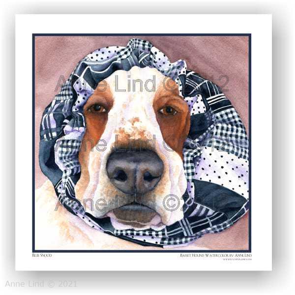 Blue Snood Basset Hound watercolor by Anne Lind©2012