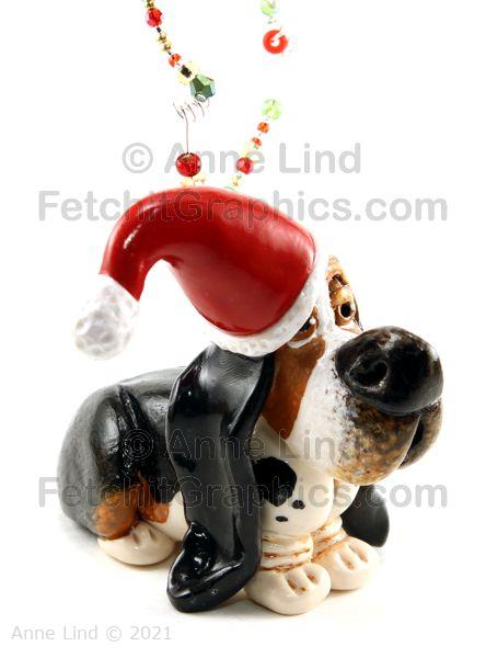 Santa Basset Christmas ornament on FetchitGraphics.com by Anne Lind